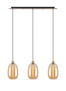 Lori Linear Pendant, 3 Light Adjustable E27, Antique Gold/Amber Slim Curved Trapezium Shades