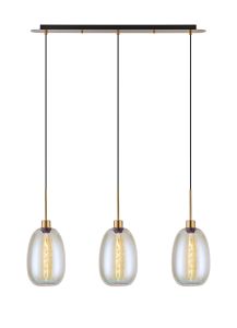 Lori Linear Pendant, 3 Light Adjustable E27, Antique Gold/Iridescent Slim Curved Trapezium Shades