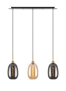 Lori Linear Pendant, 3 Light Adjustable E27, Antique Gold/Amber/Smoke Slim Curved Trapezium Shades
