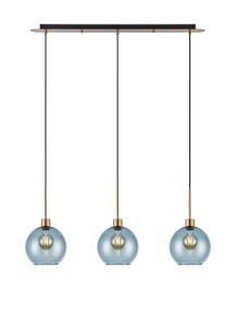 (KOOMS) Lori Linear Pendant, 3 Light Adjustable E27, Antique Gold/Blue Open Mouth Round Globe Shades
