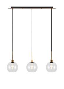 (KOOMS) Lori Linear Pendant, 3 Light Adjustable E27, Antique Gold/Clear Open Mouth Round Globe Shades