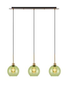 (KOOMS) Lori Linear Pendant, 3 Light Adjustable E27, Antique Gold/Green Open Mouth Round Globe Shades