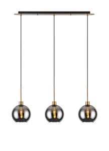 Lori Linear Pendant, 3 Light Adjustable E27, Antique Gold/Smoke Open Mouth Round Globe Shades