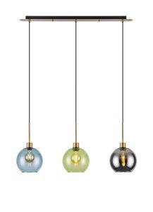 (KOOMS) Lori Linear Pendant, 3 Light Adjustable E27, Antique Gold/Blue/Green/Smoke Open Mouth Round Globe Shades