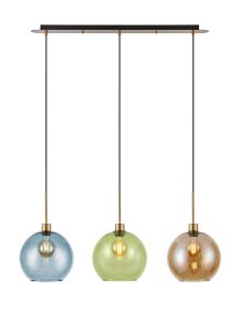 (KOOMS) Lori Linear Pendant, 3 Light Adjustable E27, Antique Gold/Blue/Green/Amber Open Mouth Round Globe Shades
