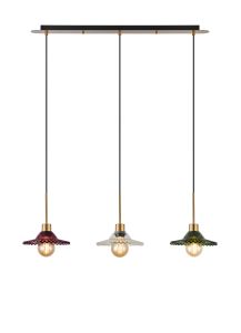 Lori Linear Pendant, 3 Light Adjustable E27, Antique Gold/Moss Green/Clear/Purple Pleated Disc Shades