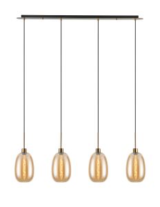 Lori Linear Pendant, 4 Light Adjustable E27, Antique Gold/Amber Slim Curved Trapezium Shades