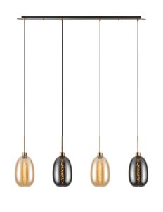 Lori Linear Pendant, 4 Light Adjustable E27, Antique Gold/Amber/Smoke Slim Curved Trapezium Shades