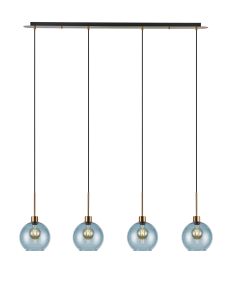 (KOOMS) Lori Linear Pendant, 4 Light Adjustable E27, Antique Gold/Blue Open Mouth Round Globe Shades