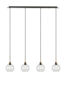 (KOOMS) Lori Linear Pendant, 4 Light Adjustable E27, Antique Gold/Clear Open Mouth Round Globe Shades