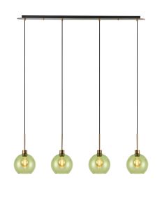 (KOOMS) Lori Linear Pendant, 4 Light Adjustable E27, Antique Gold/Green Open Mouth Round Globe Shades