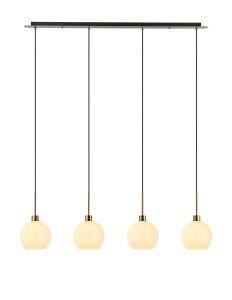 (KOOMS) Lori Linear Pendant, 4 Light Adjustable E27, Antique Gold/Opal Open Mouth Round Globe Shades