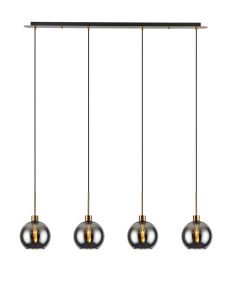 Lori Linear Pendant, 4 Light Adjustable E27, Antique Gold/Smoke Open Mouth Round Globe Shades