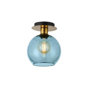 (KOOMS) Lori 15cm Round Ceiling Flush, 1 Light Flush Fitting E27, Antique Gold/Blue Open Mouth Round Globe Shades