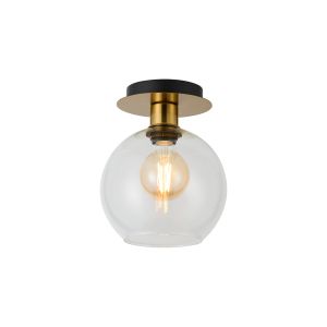 (KOOMS) Lori 15cm Round Ceiling Flush, 1 Light Flush Fitting E27, Antique Gold/Clear Open Mouth Round Globe Shades
