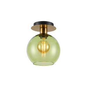 (KOOMS) Lori 15cm Round Ceiling Flush, 1 Light Flush Fitting E27, Antique Gold/Green Open Mouth Round Globe Shades