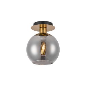 Lori 15cm Round Ceiling Flush, 1 Light Flush Fitting E27, Antique Gold/Smoke Open Mouth Round Globe Shades