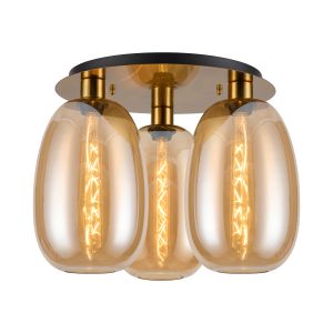 Lori 40cm Round Ceiling Flush, 3 Light Flush Fitting, Antique Gold/Amber Slim Curved Trapezium Shades