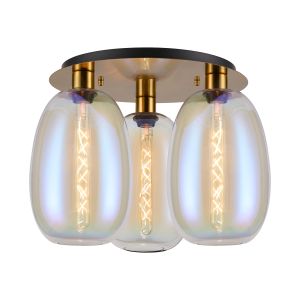 Lori 40cm Round Ceiling Flush, 3 Light Flush Fitting, Antique Gold/Iridescent Slim Curved Trapezium Shades