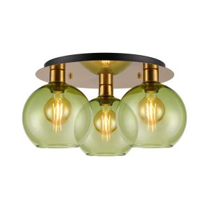 (KOOMS) Lori 40cm Round Ceiling Flush, 3 Light Flush Fitting, Antique Gold/Green Open Mouth Round Globe Shades