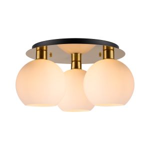 (KOOMS) Lori 40cm Round Ceiling Flush, 3 Light Flush Fitting, Antique Gold/Opal Open Mouth Round Globe Shades
