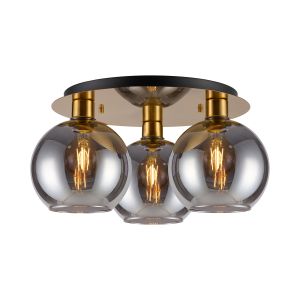Lori 40cm Round Ceiling Flush, 3 Light Flush Fitting, Antique Gold/Smoke Open Mouth Round Globe Shades