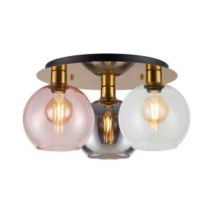 (KOOMS) Lori 40cm Round Ceiling Flush, 3 Light Flush Fitting, Antique Gold/Clear/Pink/Smoke Open Mouth Round Globe Shades