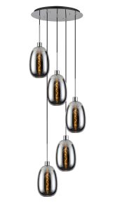 Lori 45cm Round Pendant, 5 Light Adjustable E27, Polished Chrome/Chrome Slim Curved Trapezium Shades