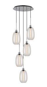 Lori 45cm Round Pendant, 5 Light Adjustable E27, Polished Chrome/Clear Slim Curved Trapezium Shades