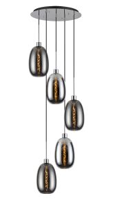 Lori 45cm Round Pendant, 5 Light Adjustable E27, Polished Chrome/Chrome/Smoke Slim Curved Trapezium Shades