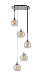 (KOOMS) Lori 45cm Round Pendant, 5 Light Adjustable E27, Polished Chrome/Iridescent Open Mouth Round Globe Shades