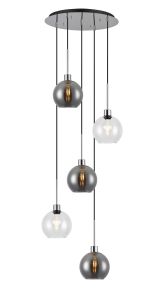 Lori 45cm Round Pendant, 5 Light Adjustable E27, Polished Chrome/Clear/Smoke Open Mouth Round Globe Shades