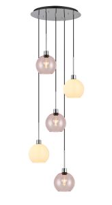 (KOOMS) Lori 45cm Round Pendant, 5 Light Adjustable E27, Polished Chrome/Opal/Pink Open Mouth Round Globe Shades