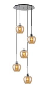 Lori 45cm Round Pendant, 5 Light Adjustable E27, Polished Chrome/Amber Wine Shades