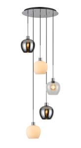 (KOOMS) Lori 45cm Round Pendant, 5 Light Adjustable E27, Polished Chrome/Chrome/Opal/Clear Wine Shades