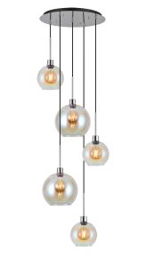 (KOOMS) Lori 45cm Round Pendant, 5 Light Adjustable E27, Polished Chrome/Iridescent/Iridescent Open Mouth Round Globe Shades