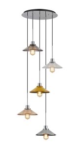 (KOOMS) Lori 45cm Round Pendant, 5 Light Adjustable E27, Polished Chrome/Chrome/Amber/Clear/Gold/Smoke Pleated Cone Shades