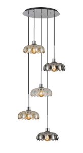 (KOOMS) Lori 45cm Round Pendant, 5 Light Adjustable E27, Polished Chrome/Smoke/Cognac/Clear Petal Bowl Shades
