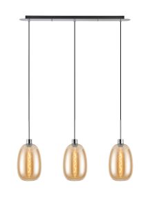 Lori Linear Pendant, 3 Light Adjustable E27, Polished Chrome/Amber Slim Curved Trapezium Shades