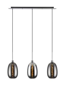 Lori Linear Pendant, 3 Light Adjustable E27, Polished Chrome/Chrome/Smoke Slim Curved Trapezium Shades