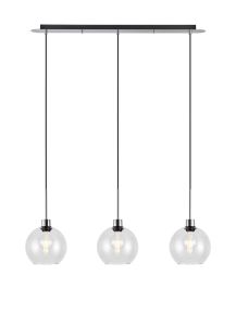 Lori Linear Pendant, 3 Light Adjustable E27, Polished Chrome/Clear Open Mouth Round Globe Shades