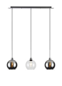 Lori Linear Pendant, 3 Light Adjustable E27, Polished Chrome/Clear/Smoke Open Mouth Round Globe Shades