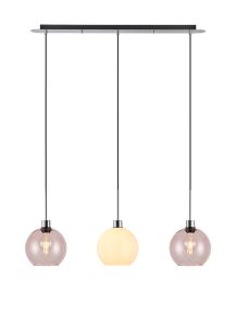 Lori Linear Pendant, 3 Light Adjustable E27, Polished Chrome/Opal/Pink Open Mouth Round Globe Shades
