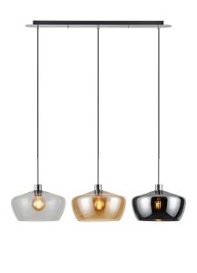 Lori Linear Pendant, 3 Light Adjustable E27, Polished Chrome/Amber/Chrome/Clear Trapezium Shades