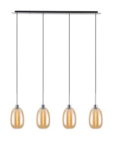 Lori Linear Pendant, 4 Light Adjustable E27, Polished Chrome/Amber Slim Curved Trapezium Shades