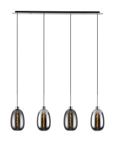 Lori Linear Pendant, 4 Light Adjustable E27, Polished Chrome/Chrome/Smoke Slim Curved Trapezium Shades
