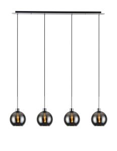 Lori Linear Pendant, 4 Light Adjustable E27, Polished Chrome/Chrome Open Mouth Round Globe Shades