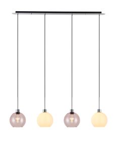 Lori Linear Pendant, 4 Light Adjustable E27, Polished Chrome/Opal/Pink Open Mouth Round Globe Shades