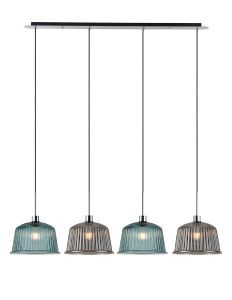 Lori Linear Pendant, 4 Light Adjustable E27, Polished Chrome/Petrol Blue/Smoke Ribbed Dome Shades