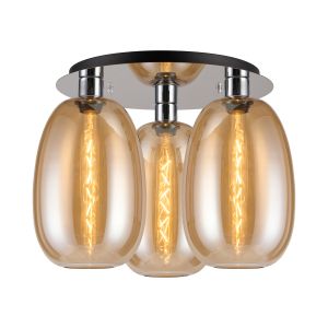 Lori 40cm Round Ceiling Flush, 3 Light Flush Fitting, Polished Chrome/Amber Slim Curved Trapezium Shades